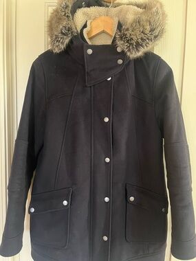 Barbour Black Faux-Fur Trim Hooded Wool Coat